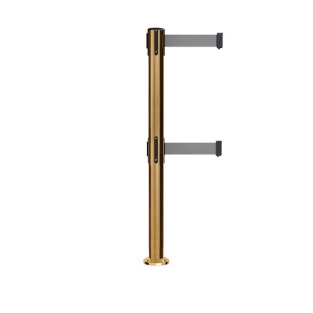 MONTOUR LINE Stanchion Dual Belt Barrier Fixed Base Sat.Brass Post 9ft.Lt Gry Belt MX630DF-SB-LGY-90